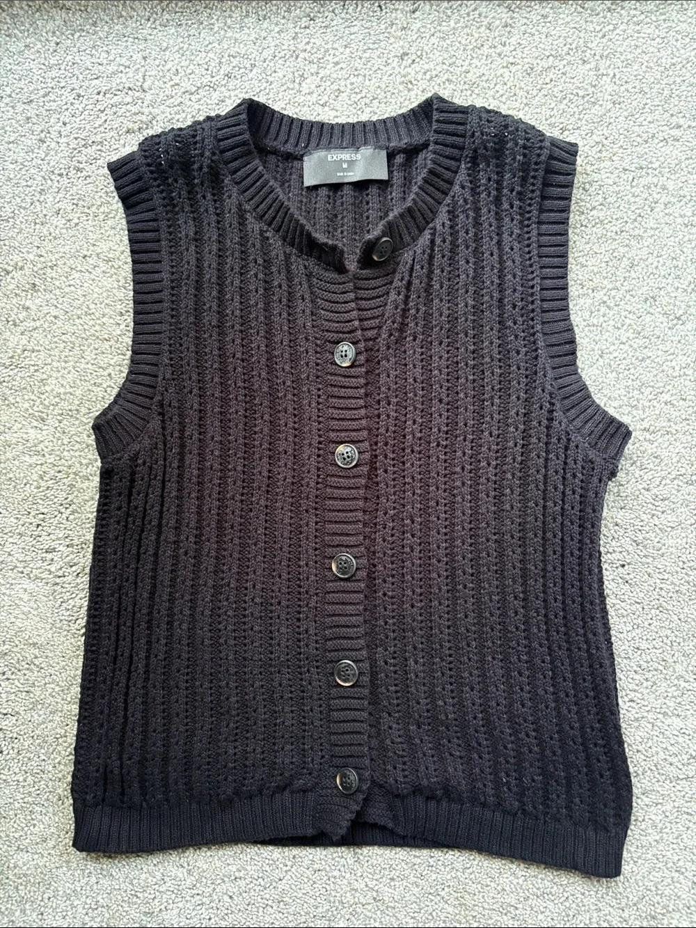 Open Knit Crew Neck Button Front Sweater Vest